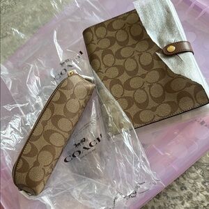 Coach Brown Signature Canvas Wallet & Zip Pouch Set